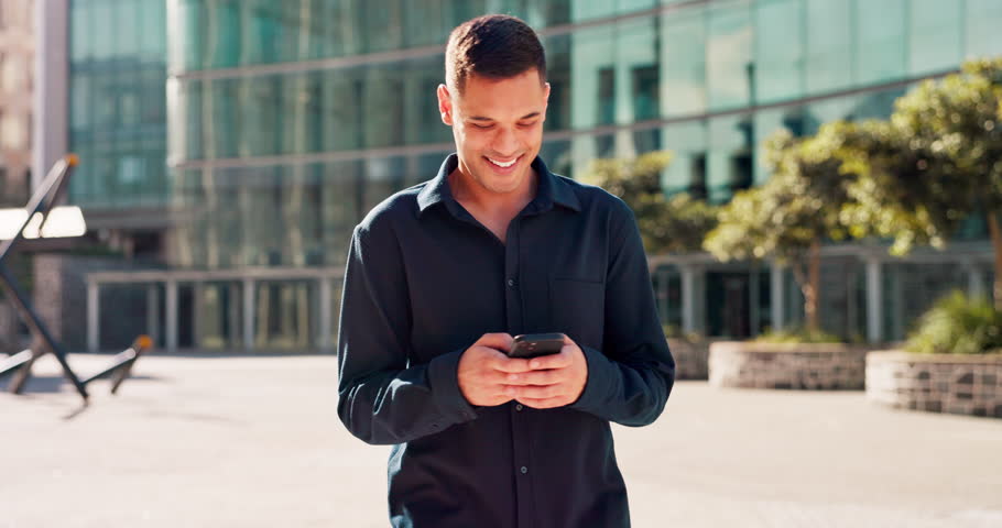 City, phone gps and smile, man walking and typing message, email or post on internet with outside. Technology, 5g communication and networking, businessman online reading happy text or social media. | Shutterstock HD Video #1101136907
