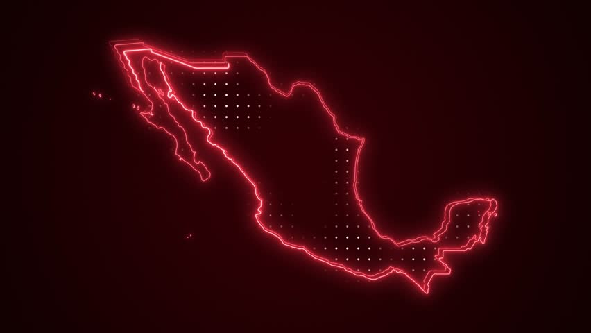 Neon Red Mexico Map Borders Outline Loop Background. Neon Red Colored Mexico Map Borders Outline Seamless Loop Dark Background. Mexico Neon Map Borders Outline.