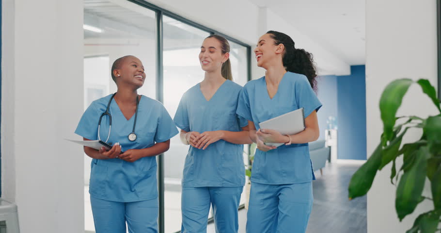 Talking nurses, walking and documents in hospital teamwork, diversity collaboration on surgery or clinic break. Smile, happy and healthcare women with medical students research, paper or funny joke