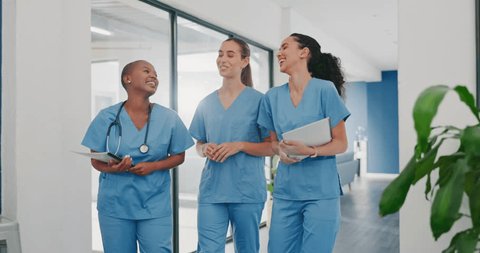 Talking nurses, walking and documents in hospital teamwork, diversity collaboration on surgery or clinic break. Smile, happy and healthcare women with medical students research, paper or funny joke: film stockowy