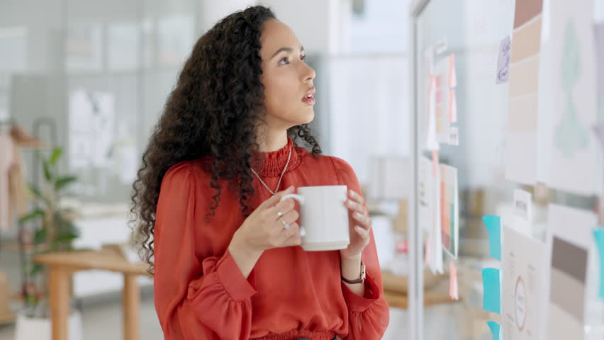 Coffee, thinking and business woman in the office planning a corporate project on a board. Professional, career and female employee drinking a cup of cappucino working on company report in workplace. | Shutterstock HD Video #1101140875