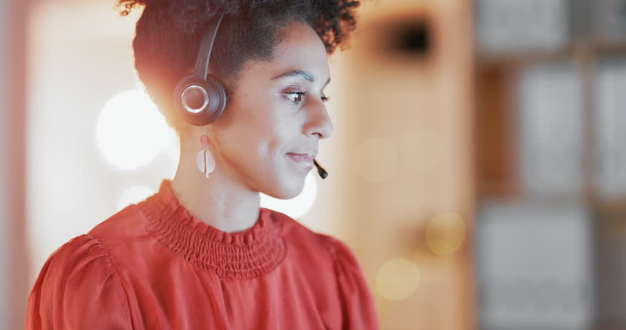 Call center, black woman and face for customer service, smile and sales receptionist at night. Portrait of happy telemarketing agent for communication, consulting or telecom administration in evening | Shutterstock HD Video #1101140967