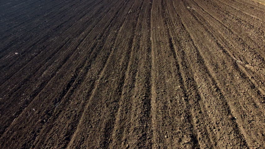 Landscape of plowed up land on an agricultural field on a sunny autumn day. Ground earth dirt priming aerial drone view. Black soil. Agrarian background. Flying over the plowed earth with black soil. Royalty-Free Stock Footage #1101145757