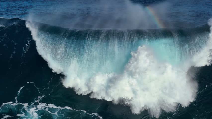 Drone Slow motion barreling wave with texture and wind spray. Aerial shot of breaking surf with foam in Pacific Ocean. Powerful stormy sea wave, Flying through ocean wave, slow motion | Shutterstock HD Video #1101153641