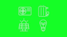Animated iot white line icons. Alternative energy. Lighting appliance. Loop HD video with chroma key, alpha channel on transparent background, black solid background. Outline motion graphic animation