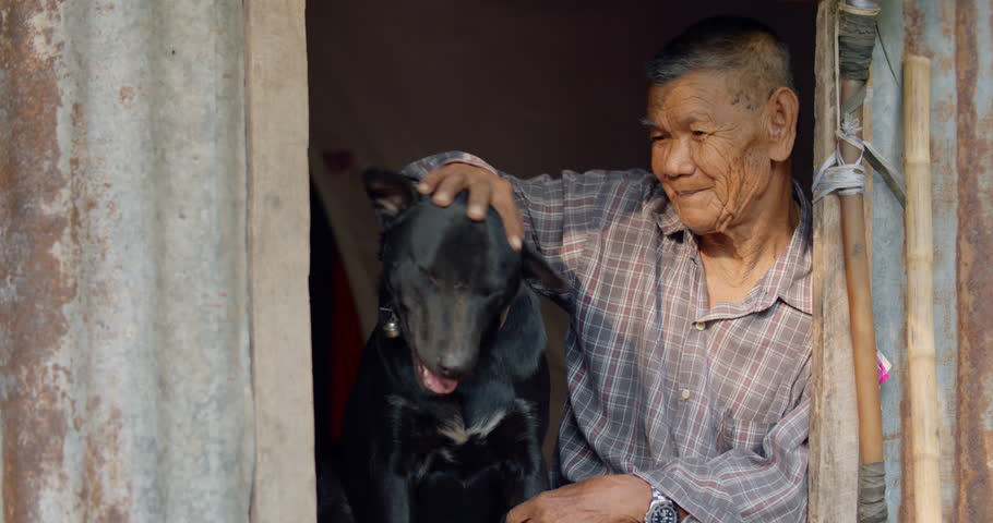 Asian farmer who is an elderly, poor, lonely person working as a farmer sitting on a narrow window of the old house, like his hand, rubbed his dog's head in the morning. Royalty-Free Stock Footage #1101157707