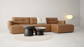 Brown sofa in a white interior. 3d animation of a sofa presentation in a studio interior. Living room interior. 3D Illustration - Powered by Shutterstock - Get 15% off with code: PIKWIZARD15