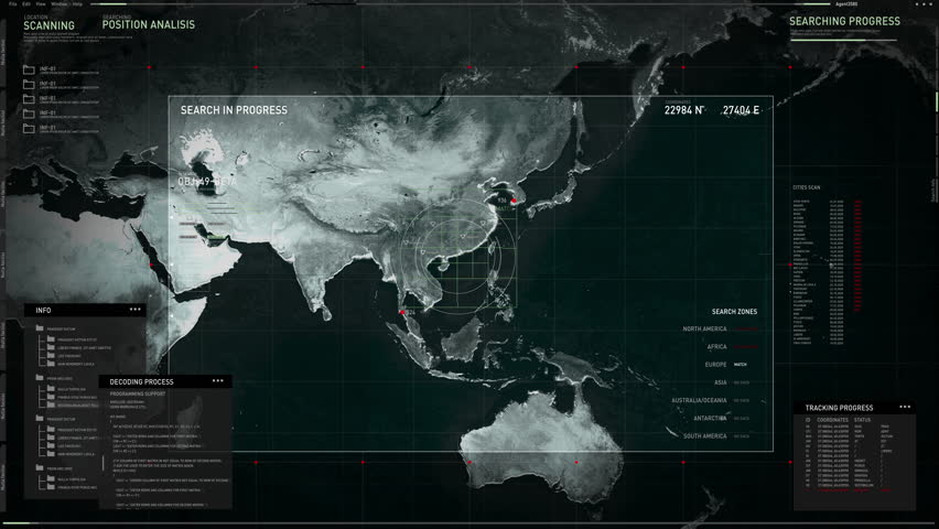 Authentication protocol to satellite spy system. Searching data object all over the world and discovers a target in Hong Kong, China. Computer user interface. Decoding process. Scanning world map. | Shutterstock HD Video #1101158983