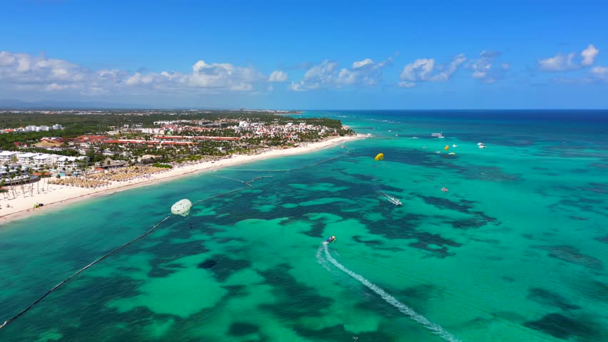 Aerial view of the Dominican Republic sea shore with white sand and turquoise water of the Caribbean. Best All Inclusive Hotels on the Punta Cana beach