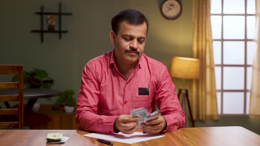 Middle aged family man doing monthly budget calculation after salary at home - concept of middle class lifestyle, savings and expenses planning. Royalty-Free Stock Footage #1101168343