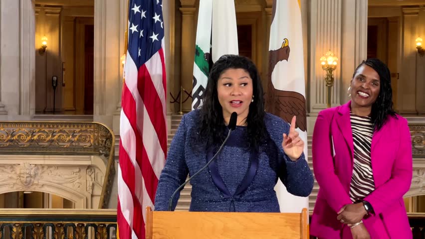 San Francisco, CA - March 8, 2023: 4K HD video of Mayor London Breed speaking at the International Women’s Day Women’s History Month Celebration at City Hall.
