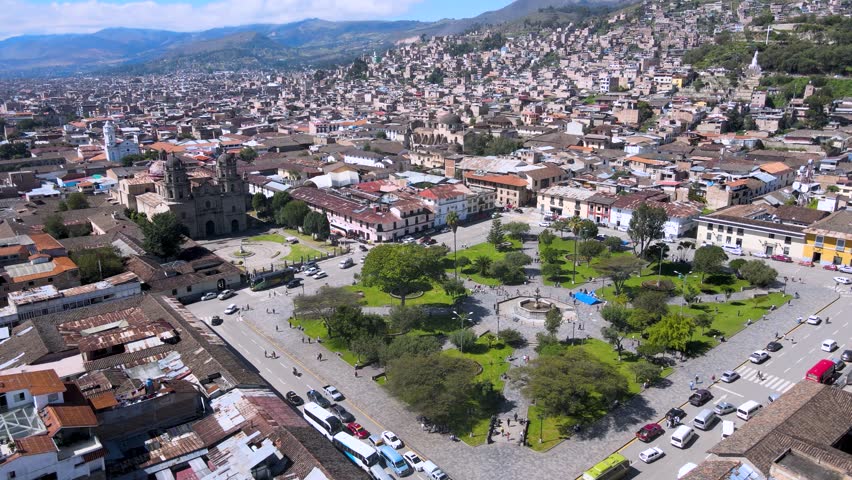 Cajamarca, Peru - August 11 2022: An aerial view of the city center of Cajamarca.
