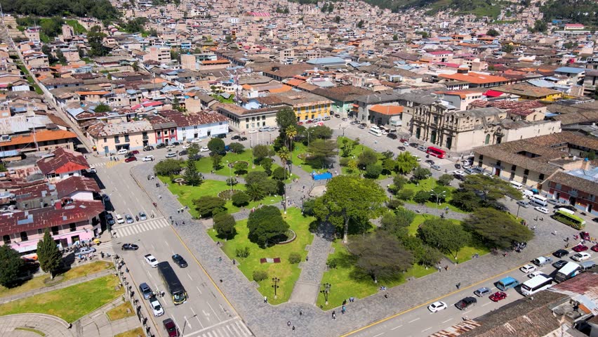 Cajamarca, Peru - August 11 2022: An aerial view of the city center of Cajamarca.
