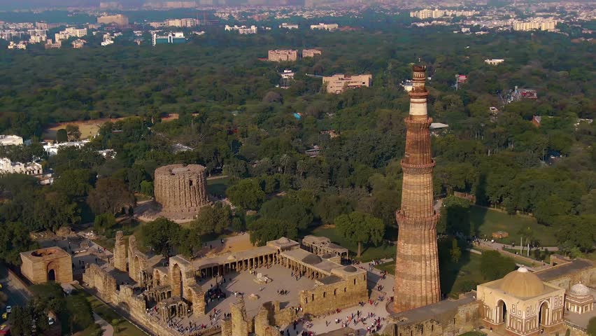 Qutub Minar aerial drone view, New Delhi, India, 4k