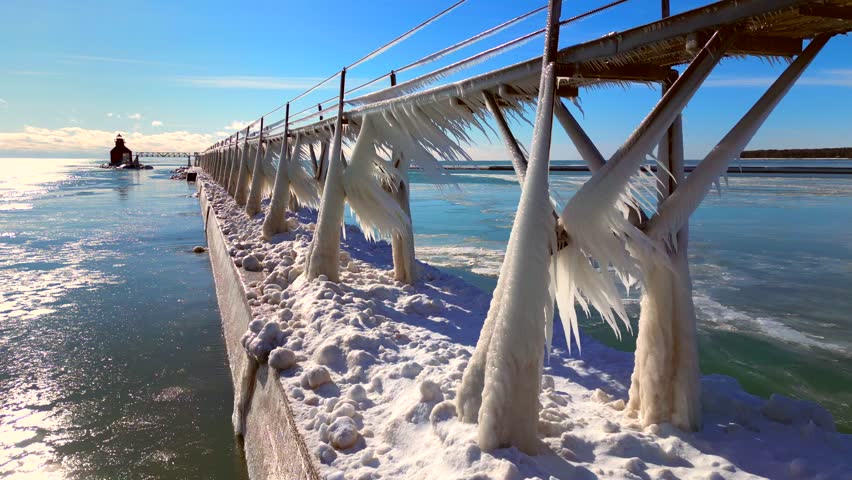 Millions of icicles, covering the pier and catwalk after extreme Winter weather.
