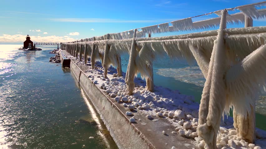 Millions of icicles, covering the pier and catwalk after extreme Winter weather.
