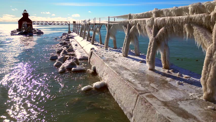 Millions of icicles, covering the pier and catwalk after extreme Winter weather.
