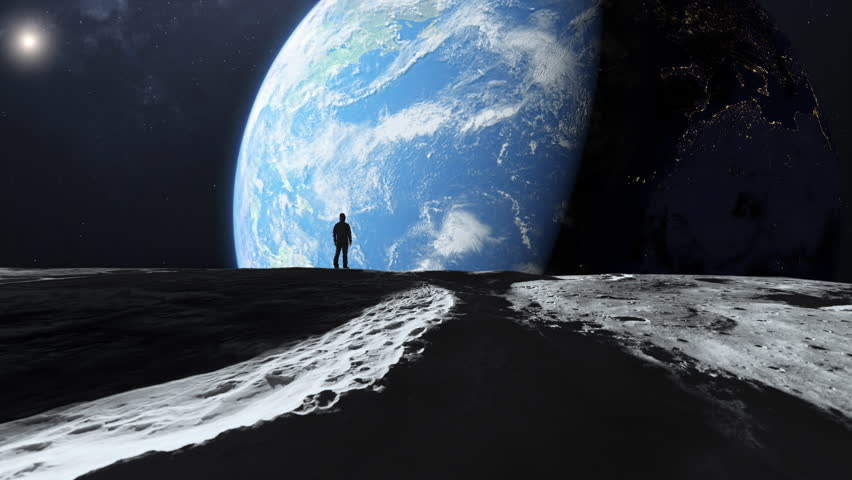 man standing on the surface of the moon looking at the earth,person looking at the earth from the space Royalty-Free Stock Footage #1101176147