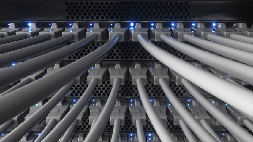 Close up view of internet network switch with connected white ethernet cables. Link lights on the server. High speed interface. Data transfer center,cloud computing and telecommunication.Infinite loop Royalty-Free Stock Footage #1101178783
