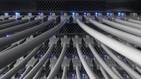 Close up view of internet network switch with connected white ethernet cables. Link lights on the server. High speed interface. Data transfer center,cloud computing and telecommunication.Infinite loop - Powered by Shutterstock - Get 15% off with code: PIKWIZARD15