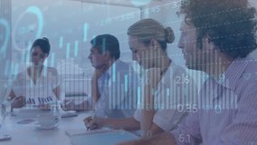 Animation of statistical data processing over diverse businesspeople discussing together at office. Business data technology concept - Powered by Shutterstock - Get 15% off with code: PIKWIZARD15