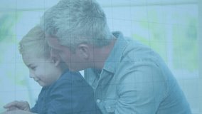 Animation of falling graphs over caucasian father teaching son to use smartphone. Digital composite, multiple exposure, report, business, loss, love, togetherness and technology concept. - Powered by Shutterstock - Get 15% off with code: PIKWIZARD15