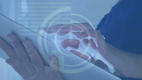 Animation of clock and infographic interface over midsection of caucasian woman using digital tablet. Digital composite, multiple exposure, time, global, report, business and technology concept. - Powered by Shutterstock - Get 15% off with code: PIKWIZARD15