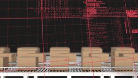Animation of grid pattern and computer language over cardboard boxes against black background. Digital composite, multiple exposure, packaging, distribution, coding, machine learning, technology. - Powered by Shutterstock - Get 15% off with code: PIKWIZARD15
