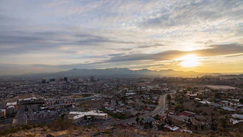 Sunset to night timelapse high angle view of the El Paso downtown cityscape at Texas