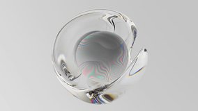 3d render abstract art video animation with surreal glass sphere or ball in deformation transformation process with dispersion rainbow color spectrum prism effect on isolated grey background