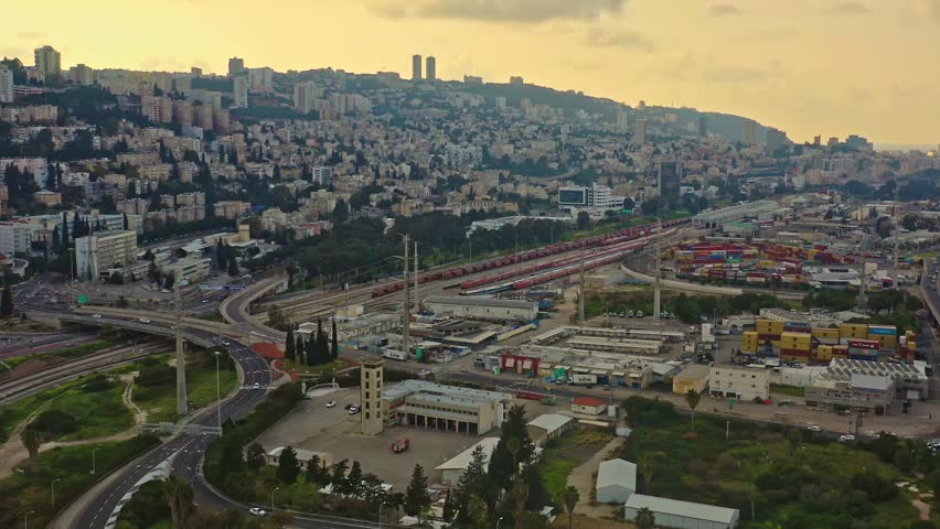 Haifa skyline Carmel panoramic aerial, industrial port, drone view, 4k Israel