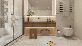 interior of modern luxury bathroom with furniture , video ultra HD 4K 3840x2160, 60 FPS, 3D animation design architecture visualization