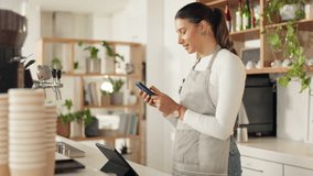 Coffee shop, phone and barista woman typing for social media post, virtual customer services or cafe order. Small business owner, waitress or cashier person on cellphone, smartphone or mobile app - Powered by Shutterstock - Get 15% off with code: PIKWIZARD15