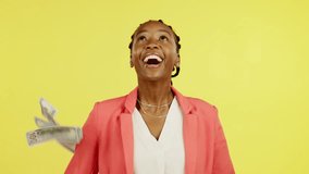 Raining money, studio or happy woman winning lotto award, competition prize or cash dollar. Financial bonus, payment or African winner of poker, bingo or casino gambling isolated on yellow background - Powered by Shutterstock - Get 15% off with code: PIKWIZARD15
