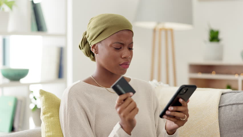 Phone, credit card and black woman with payment problem, scam or fraud, error 404 or glitch. Fintech, ecommerce and confused female with smartphone for online shopping, banking or transaction fail. | Shutterstock HD Video #1101191689