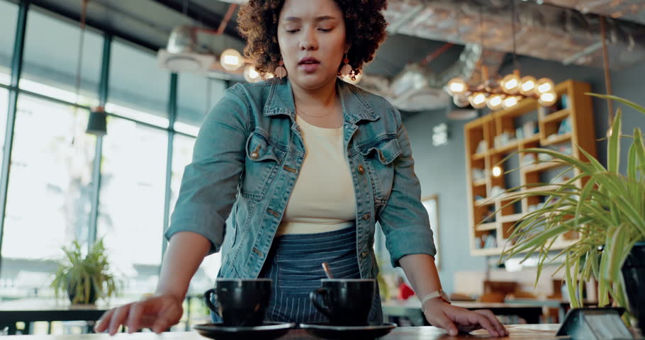 Cafe, black woman and waitress tired, stress and overworked with health issue, sweating and working. Female employee, lady and worker wipe forehead, exhausted and fatigue in restaurant and burnout Royalty-Free Stock Footage #1101191957