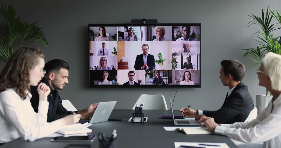 Global, worldwide, communication using video conference application. Group of diverse, multi ethnic businesspeople participate in virtual meeting event, share strategy, make business use modern tech | Shutterstock HD Video #1101193087