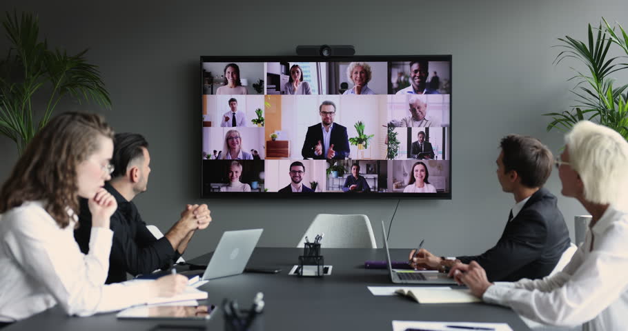 Global, worldwide, communication using video conference application. Group of diverse, multi ethnic businesspeople participate in virtual meeting event, share strategy, make business use modern tech Royalty-Free Stock Footage #1101193087