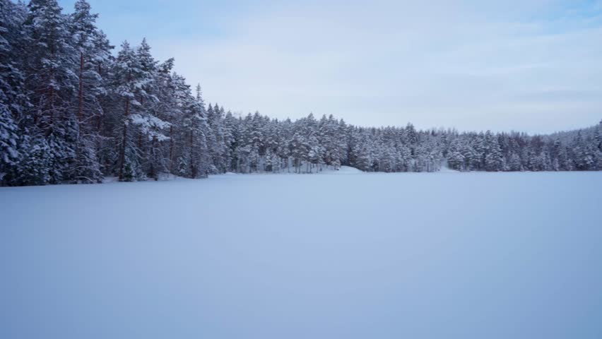 Frozen lake landscape in winter, panning shot. Repovesi National Park, Kouvola, Finland.