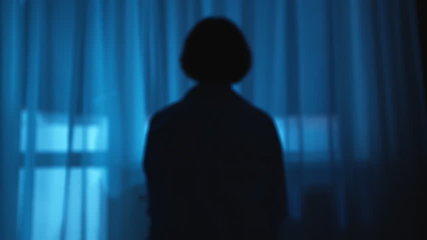 Silhouette of a lonely woman sitting out of focus in a dark bedroom. The concept of depression and mental health. | Shutterstock HD Video #1101195363