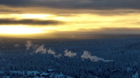 Drone shot of small village Saariselka in Finland in winter. Sami village. Urho Kekkonen National Park. Kaunispää Triangulation Tower. Ski resorts. Walk in Saariselka. Frozen trees in Finland. Sunset. - Powered by Shutterstock - Get 15% off with code: PIKWIZARD15
