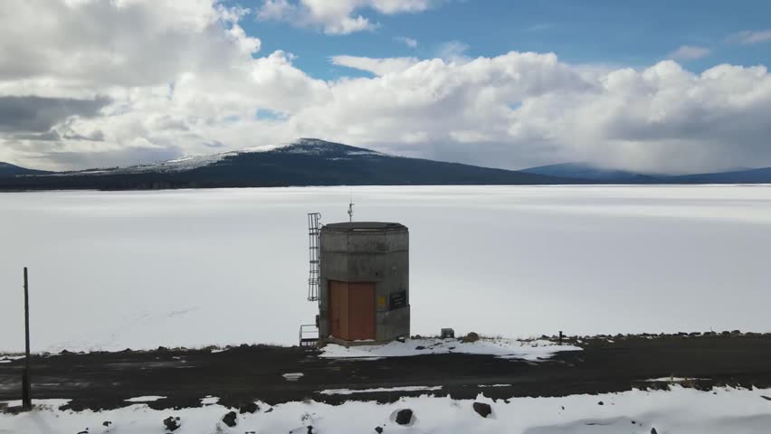 Frozen reservoir with water tower