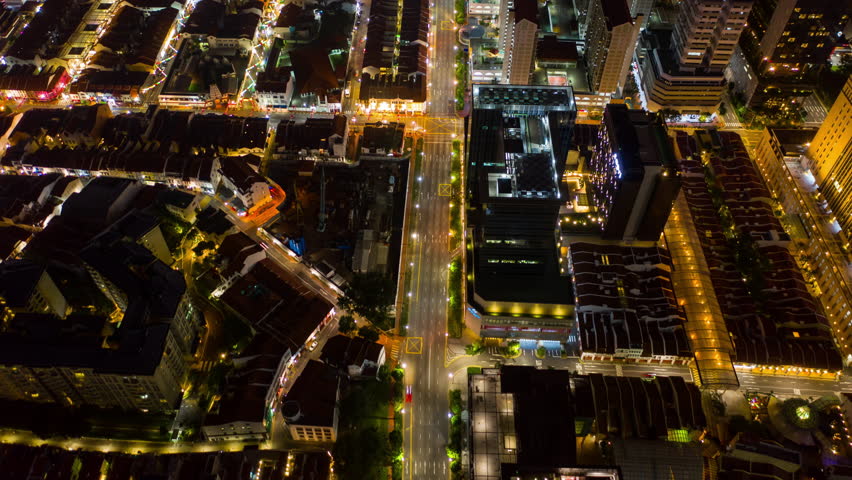 night illumination singapore city downtown traffic streets aerial topdown timelapse panorama 4k