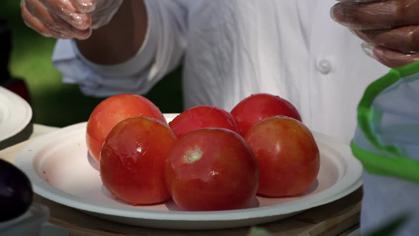 Woman chef in white short seasoning BBQ tomatoes veggies for grill fry. Family adventures in the wild woods camping and picnic party. Preparation of tomato food on the table for grilled healthy salad