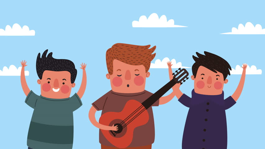 young men friends playing guitar ,4k video animated