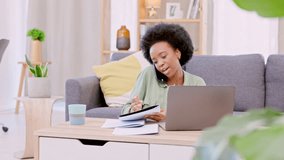 Business woman and professional entrepreneur talking on phone while remote working on laptop at home. Freelancer answering a call to chat, network and consult with clients while writing notes - Powered by Shutterstock - Get 15% off with code: PIKWIZARD15