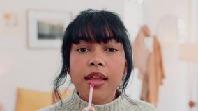Cosmetic, lip gloss and portrait of black woman with beauty or self care routine ready for work. Happy girl with soft, natural and full lips with shiny liquid lipstick on mouth while doing makeup. - Powered by Shutterstock - Get 15% off with code: PIKWIZARD15