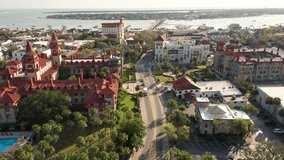 Aerial view of St. Augustine, Florida with forward camera motion. Founded in 1565, it is the oldest continuously inhabited European-established settlement in what is now the contiguous United States.