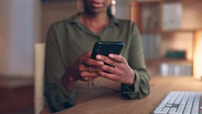 Business phone, typing and hands of black woman in office at night texting, web scrolling or networking. Technology, cellphone and female with mobile smartphone for social media or internet browsing. - Powered by Shutterstock - Get 15% off with code: PIKWIZARD15