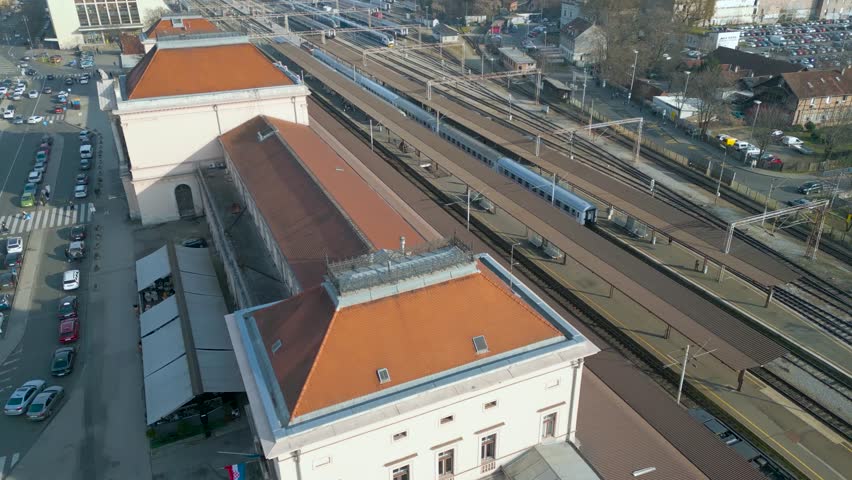 4K aerial video of the main railway station in Zagreb, Croatia